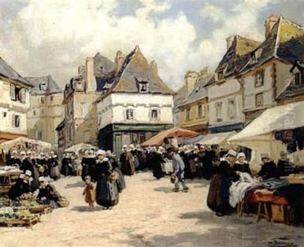 Marche De Quimper, Bretagne Oil Painting by Henri Alphonse Barnoin