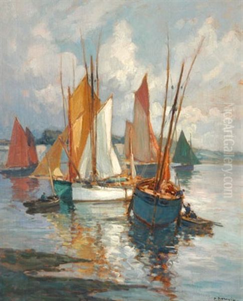 Thoniers Sous Voiles A Concarneau Oil Painting by Henri Alphonse Barnoin