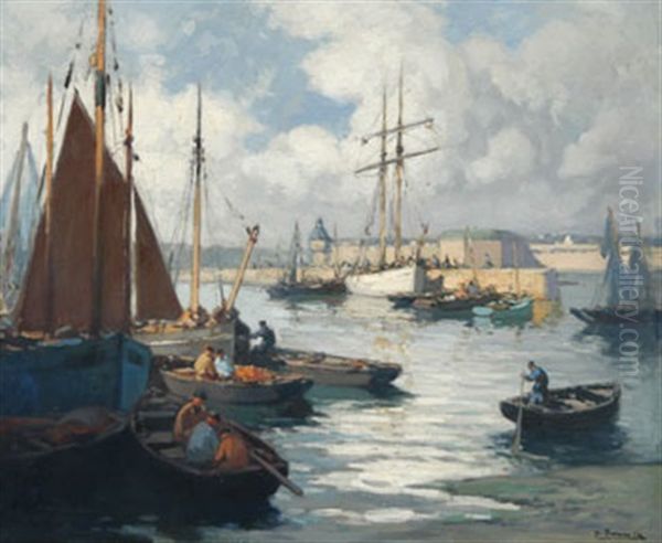 Le Port De Concarneau, Goelette A Quai Oil Painting by Henri Alphonse Barnoin