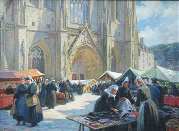 Jour De Marche A Quimper, Place St. Corentin Oil Painting by Henri Alphonse Barnoin