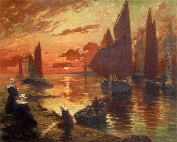 Douarnenez, Le Retour Des Pecheurs Oil Painting by Henri Alphonse Barnoin