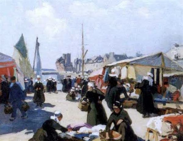 Le Marche A Concarneau Oil Painting by Henri Alphonse Barnoin