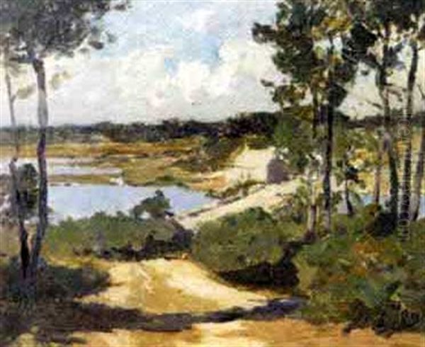 Chaumiere Sur La Riviere En Bretagne Oil Painting by Henri Alphonse Barnoin