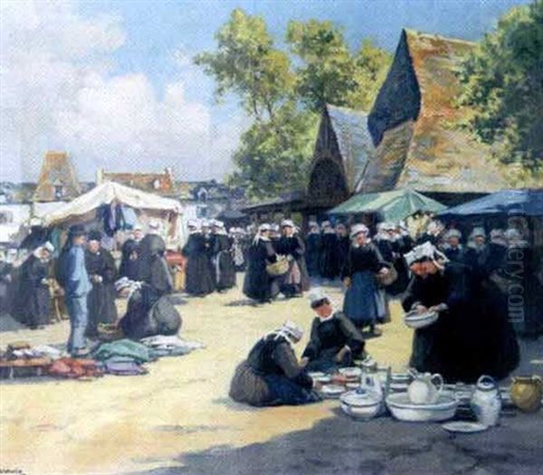 Marche Aux Faiences Devant Les Halles Du Faouet Oil Painting by Henri Alphonse Barnoin