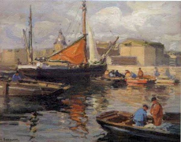 Retour Des Pecheurs Devant La Ville Close A Concarneau Oil Painting by Henri Alphonse Barnoin