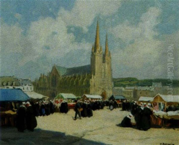 Jour De Marche Aux Etoffes A Quimper, Place St Corentin by Henri Alphonse Barnoin