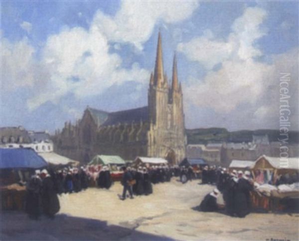 Jour De Marche Aux Etoffes A Quimper, Place St. Corentin Oil Painting by Henri Alphonse Barnoin