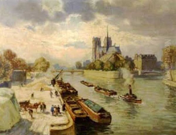 La Seine A Paris Oil Painting by Henri Alphonse Barnoin