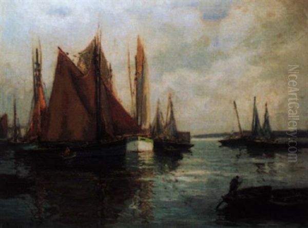 Thoniers Sous Voiles A Concarneau Par Grand Calme Oil Painting by Henri Alphonse Barnoin