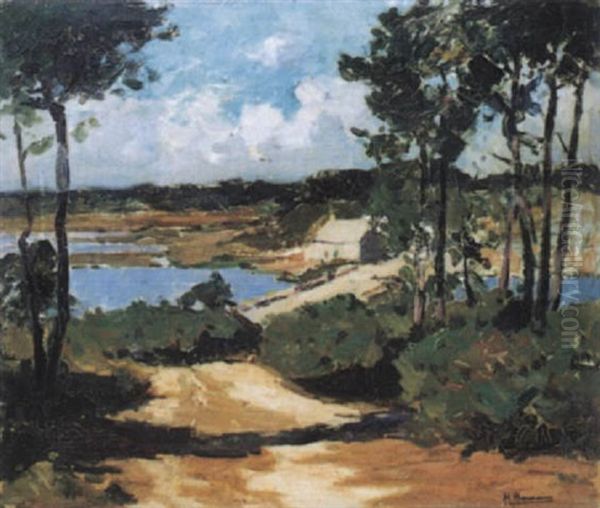 Chaumiere Sur La Riviere En Bretagne Oil Painting by Henri Alphonse Barnoin