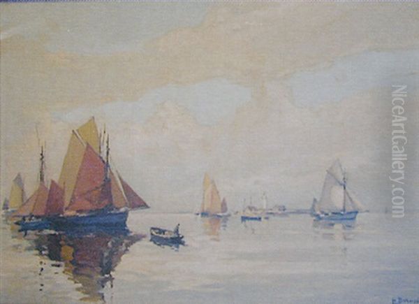 Bateaux De Peche Par Calme Plat Oil Painting by Henri Alphonse Barnoin