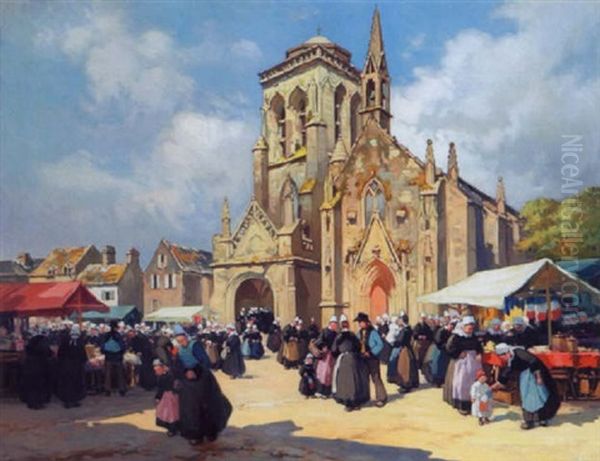 Le Jour Du Marche A Locronan Oil Painting by Henri Alphonse Barnoin