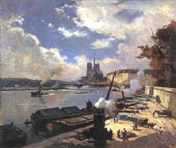 La Seine Pres De Notre Dame Oil Painting by Henri Alphonse Barnoin