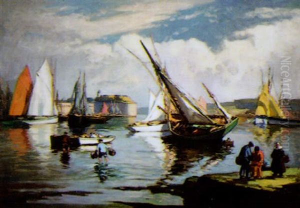 Thoniers Au Mouillage Sous La Ville Close - Concarneau Oil Painting by Henri Alphonse Barnoin