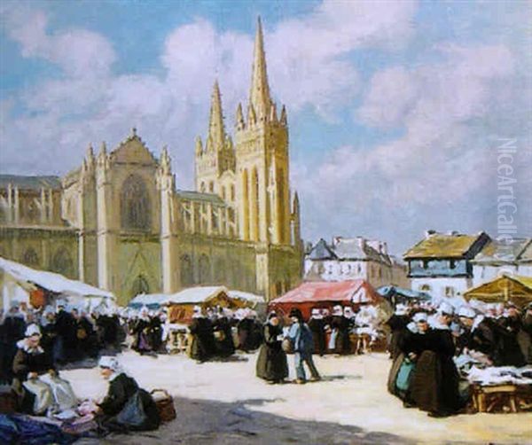 Marche Aux Etoffes A Quimper Oil Painting by Henri Alphonse Barnoin