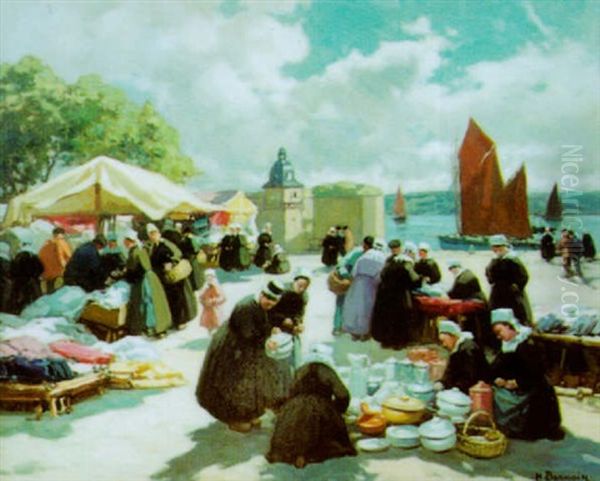 Marche Aux Etoffes Et Aux Faiences A Concarneau Oil Painting by Henri Alphonse Barnoin