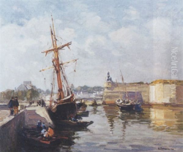 Concarneau - Goelette A Quai Oil Painting by Henri Alphonse Barnoin