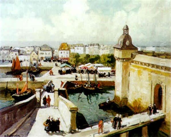 Jour De Marche A Concarneau Devant Les Bassins Oil Painting by Henri Alphonse Barnoin