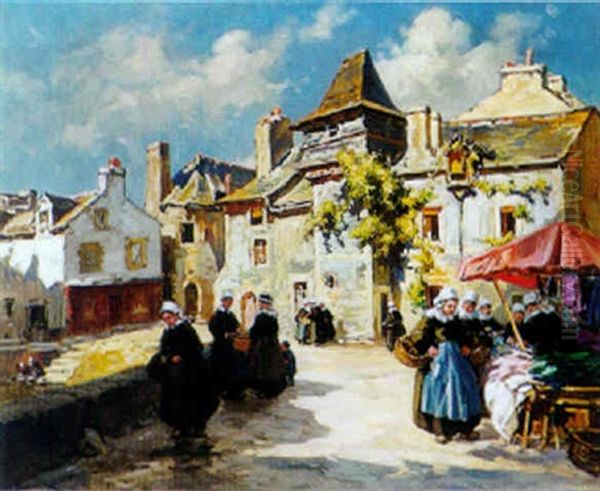 Le Faouet - Jour De Marche Aux Etoffes Oil Painting by Henri Alphonse Barnoin