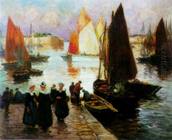 Retour Des Chaloupes Sardinieres A Concarneau Oil Painting by Henri Alphonse Barnoin