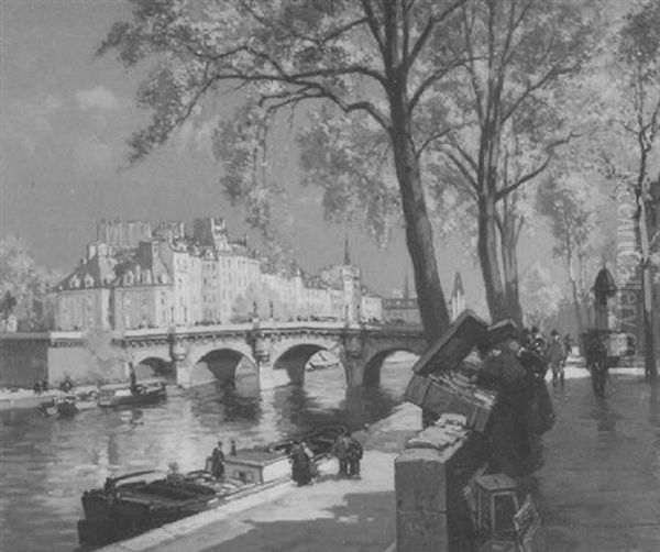 Le Quai Des Bouquinistes Oil Painting by Henri Alphonse Barnoin