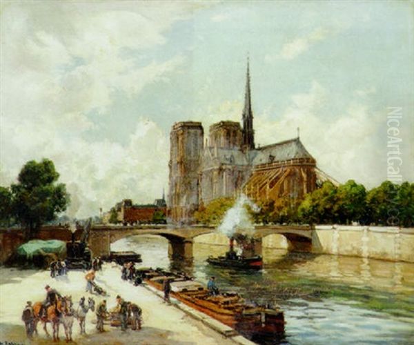 Les Quais A Notre Dame Oil Painting by Henri Alphonse Barnoin