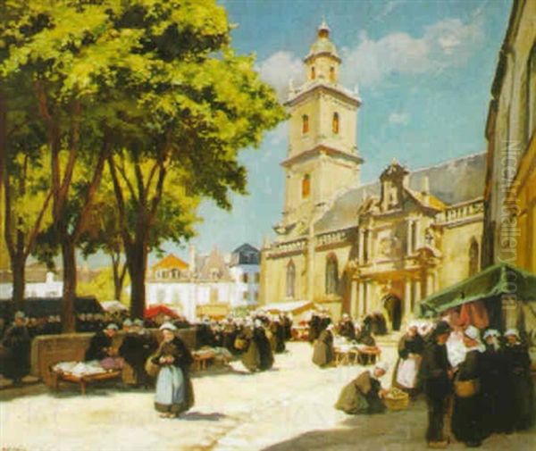 Le Marche Sur La Place De L'eglise A Auray by Henri Alphonse Barnoin