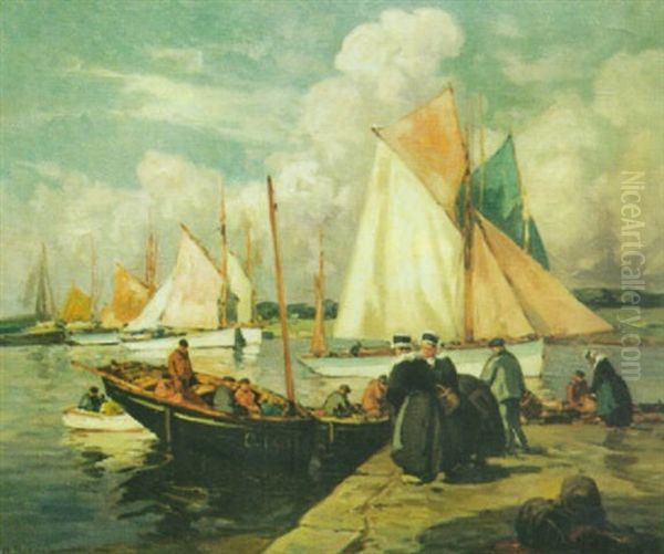 Retour De Peche - Le Dechargement Du Poisson Oil Painting by Henri Alphonse Barnoin