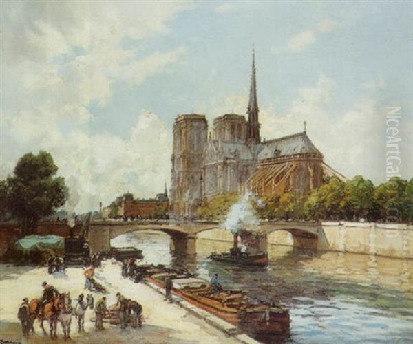 Les Quais A Notre-dame Oil Painting by Henri Alphonse Barnoin