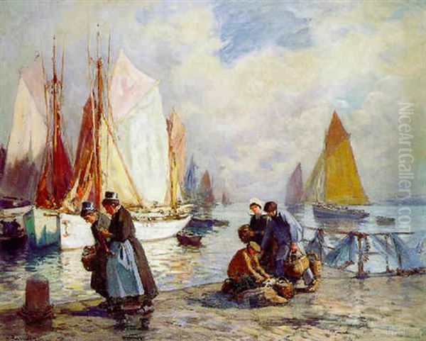 Le Retour De La Peche En Bretagne Oil Painting by Henri Alphonse Barnoin