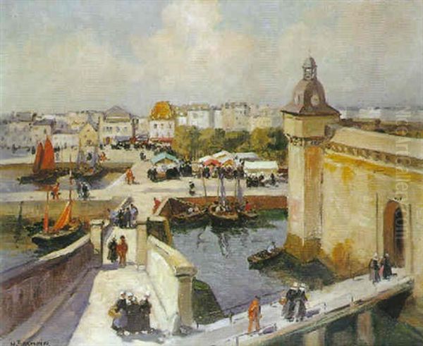 Concarneau, L'ancien Bassin Et La Ville Lose Oil Painting by Henri Alphonse Barnoin