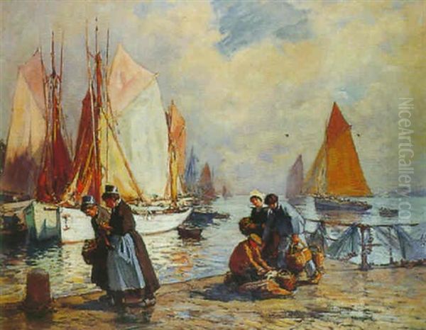 Les Pecheurs Sur Les Quais Oil Painting by Henri Alphonse Barnoin