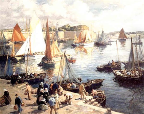 Animation Sur Le Port De Concarneau Oil Painting by Henri Alphonse Barnoin