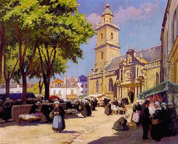 Le Marche A Auray Oil Painting by Henri Alphonse Barnoin