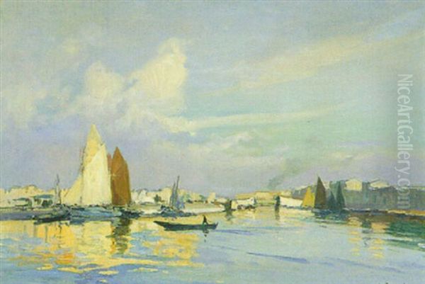 Segelboote Vor Einer Sudlandischen Stadt Oil Painting by Henri Alphonse Barnoin