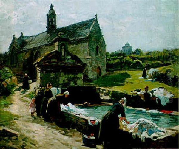 Bretonnes Au Lavoir Pres De La Chapelle Oil Painting by Henri Alphonse Barnoin