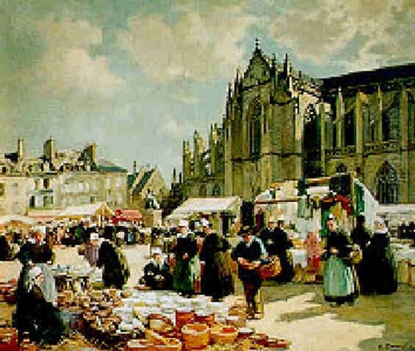 Marche Aux Faiences Sur La Place De La Cathedral A Quimper Oil Painting by Henri Alphonse Barnoin