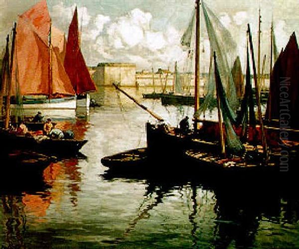 Barques Et Thoniers Sous Voiles Au Mouillage A Concarneau by Henri Alphonse Barnoin