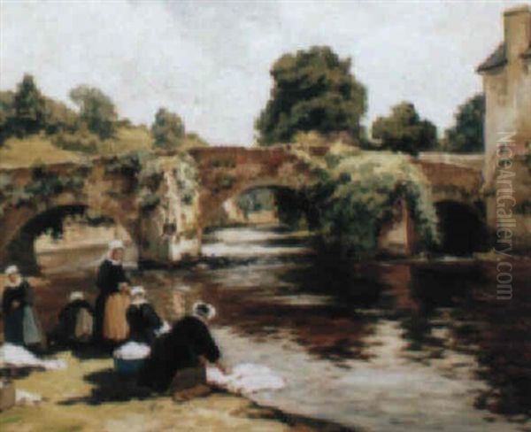 Bretonnes Au Lavoir A Quimperle Oil Painting by Henri Alphonse Barnoin