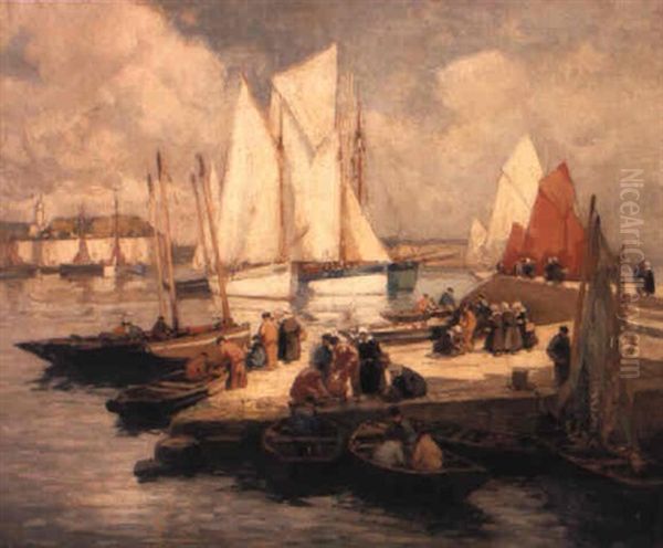 Figures On A Jetty With Sailing Vessels Oil Painting by Henri Alphonse Barnoin