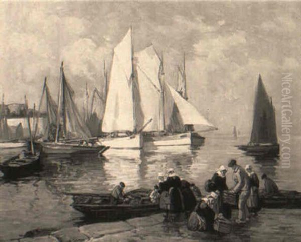 Brittany Fisherfolk By A Harbour Oil Painting by Henri Alphonse Barnoin