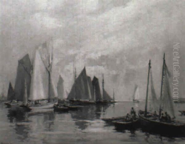 Boats In A Harbour Oil Painting by Henri Alphonse Barnoin