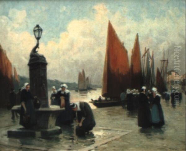 Barques Et Bretonnes Pres De La Fontaine by Henri Alphonse Barnoin