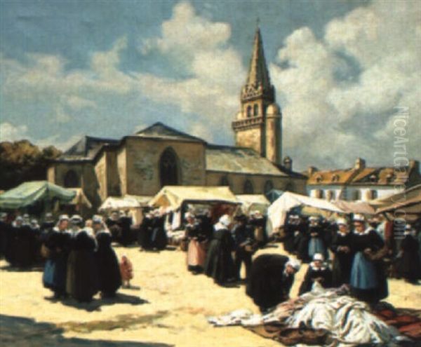 Marche Aux Etoffes A Bannalec Oil Painting by Henri Alphonse Barnoin