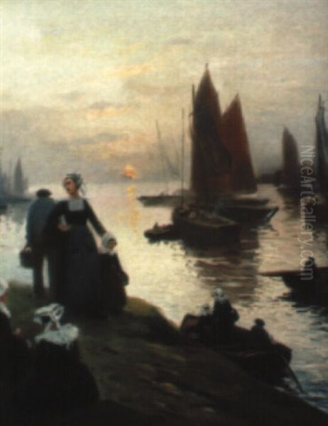 Retout De Pche Au Soleil Couchant Oil Painting by Henri Alphonse Barnoin