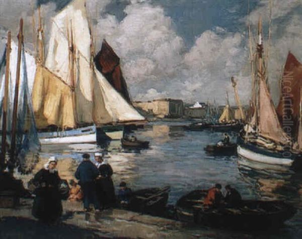 Concarneau - Thoniers Sous Voiles Au Soleil Oil Painting by Henri Alphonse Barnoin