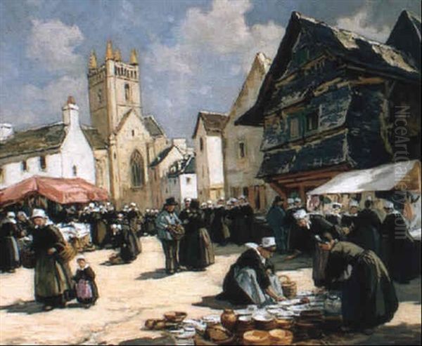 Marche Aux Etoffes Et Aux Faiences A Quimperle Oil Painting by Henri Alphonse Barnoin