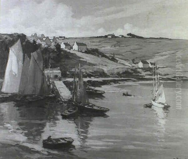 Fishing Smacks Moored In A Harbour With Cottages Beyond Oil Painting by Henri Alphonse Barnoin