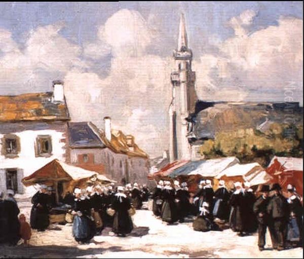 Scene De Marche A Bannalec Oil Painting by Henri Alphonse Barnoin