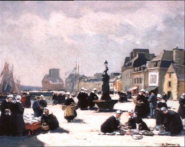 Scene De Marche A Concarneau Oil Painting by Henri Alphonse Barnoin